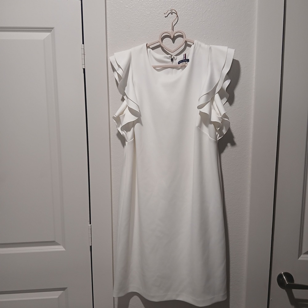 Tommy Hilfiger White Ruffle Sleeve Shift Dress Plus Size 16W Logo Zip